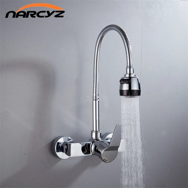 Cheap Wall Mounted Double Holes Flexible Kitchen Faucet Mixers Sink Tap Wall Kitchen Faucet Hot and Cold Water XT-21