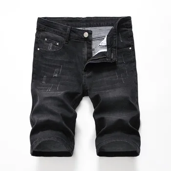 

2019 New Men's jeans and elastic shorts to break holes and fix a small straight barrel man black gray five cents shorts