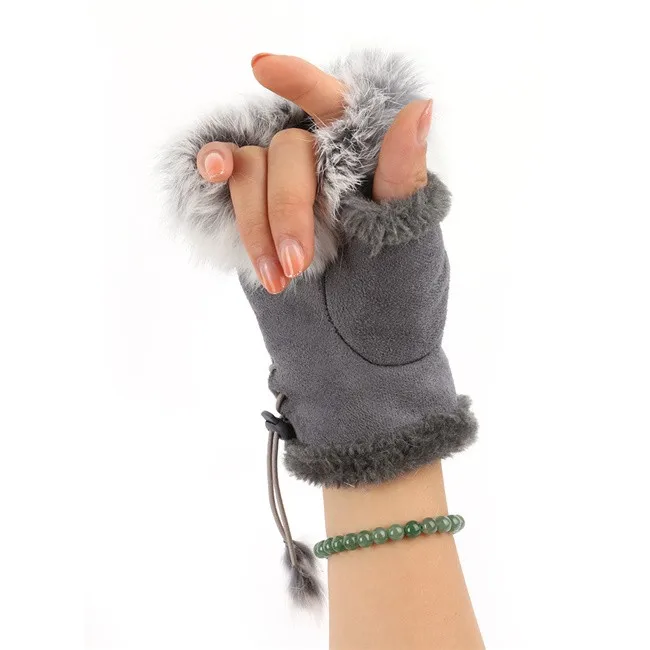 Новые женские Модные искусственного кролика Мех животных ручной наручные Теплее половины пальцев Прихватки для мангала зимние перчатки 13