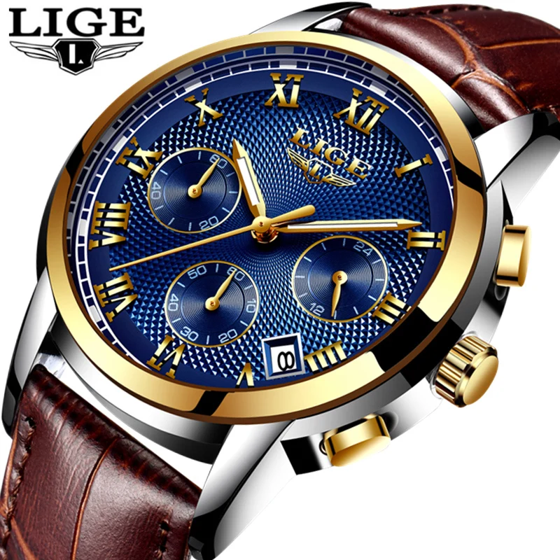 

LIGE Mens Watches Top Brand Luxury Leather Casual Quartz Watch Men Military Sport Waterproof Clock Gold Watch Relogio Masculino
