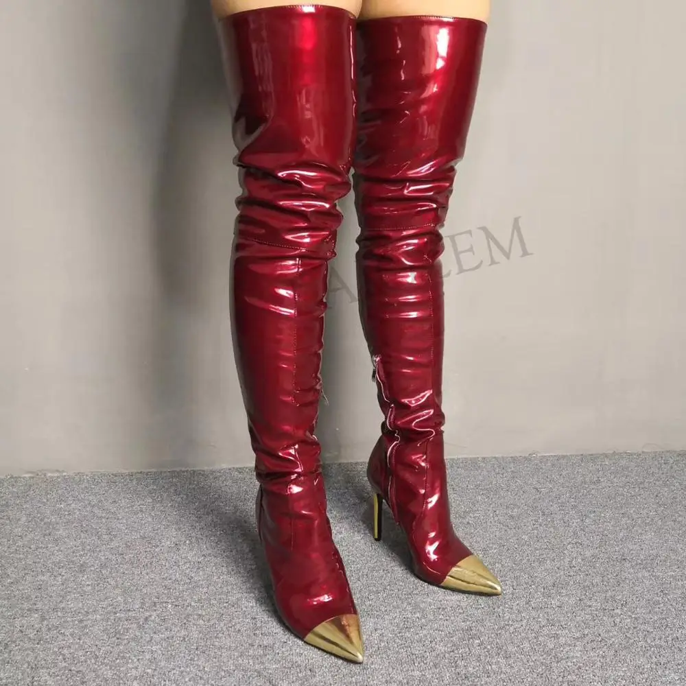 LAIGZEM SHINY Women Boots Thigh High Boots Wine Red High Heels Long Tall Waterproof Party Shoes Botines Mujer Large Size 4-15 (4)