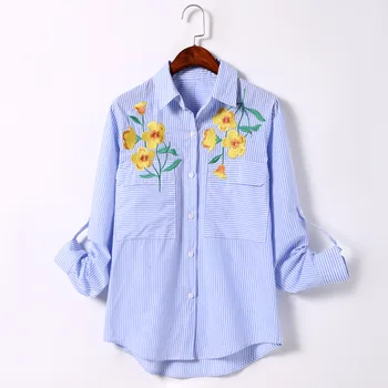 

Spring autumn blue white striped embroidered flower shirt pure cotton long sleeved casual LADY CLOTHES FACTORY WHOLESALE