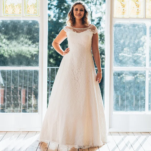 

Simple Scoop Cap Sleeves Plus Size Wedding Gowns Beaded Collar See Through A-line Lace Bride Dress Robe de Mariage 2019