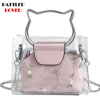 

Clear Transparent Cat Shape Handle Girls Cute Composite Bag 2019 Female Handbags Women Brand Mini Small Shoulder Message Bag