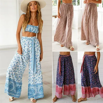 

Fashion Women's Boho Floral Wide Leg Pants High Waist Belt Casual Loose Culottes Long Trousers Plus Size