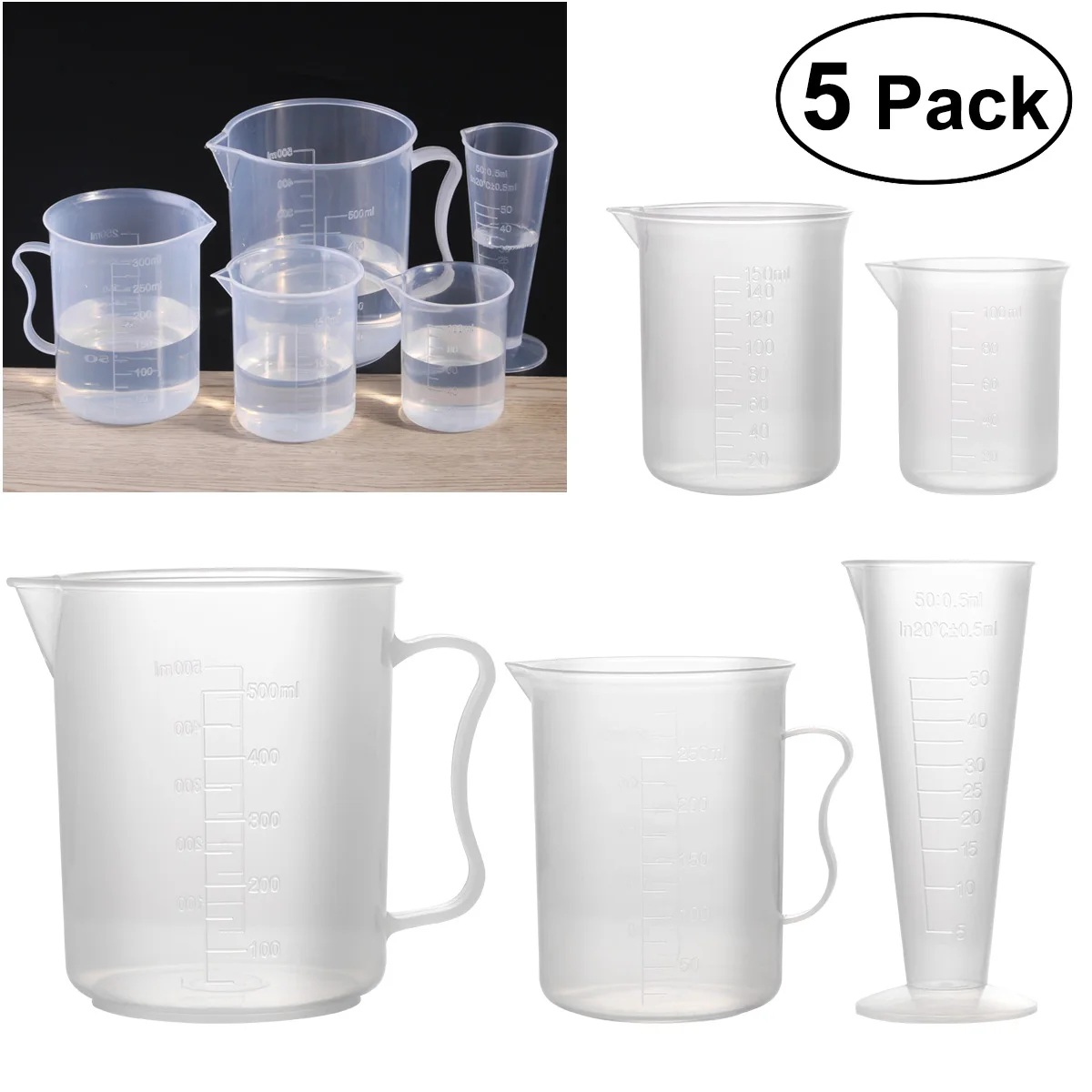 

5pcs 50ml / 100ml / 150ml / 250ml / 500ml Measuring Cup Labs Plastic Graduated Beakers Kitchen Tools Accessories (Transparent)