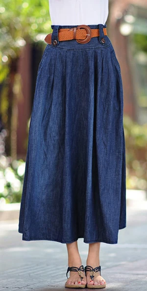 Jinsen Aite плюс размер S-6XL Весна винтажная джинсовая юбка женские длинные юбки эластичный пояс плиссированные джинсы Макси Saia Longa JS380 - Цвет: as pic