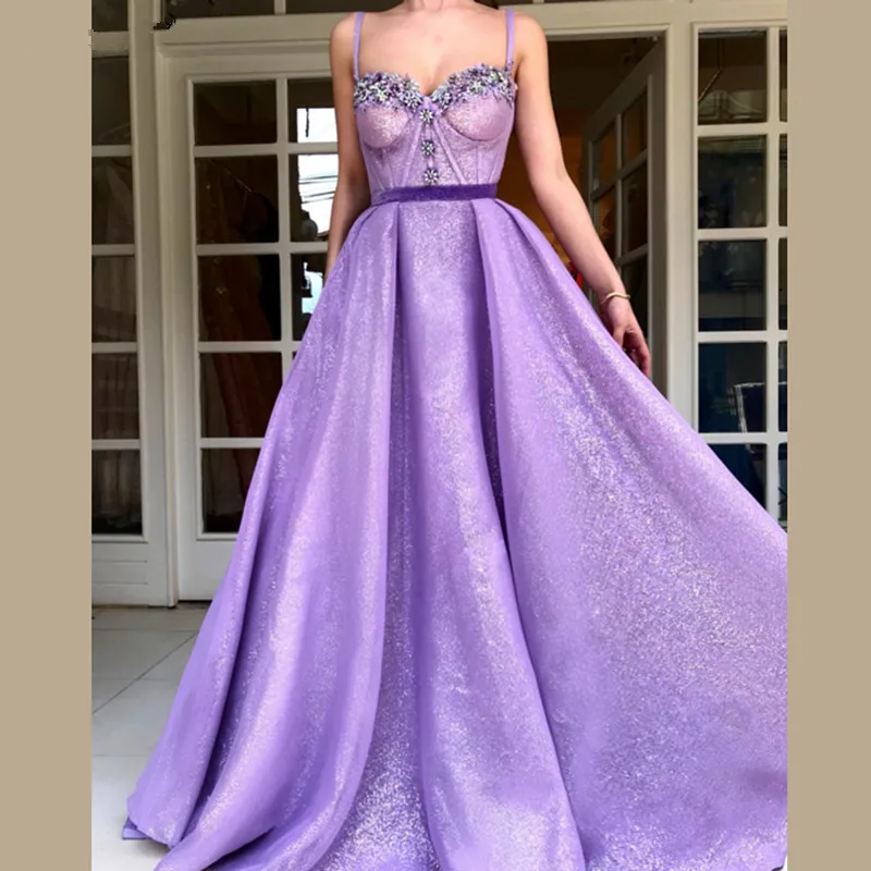 

Lavender Muslim Evening Dresses 2019 A-line Sweetheart Sequins Beaded Elegant Islamic Dubai Saudi Arabic Long Evening Gown Prom