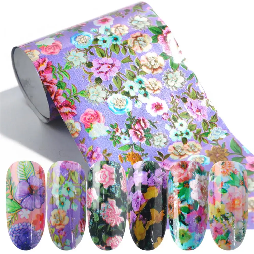 

16pcs/set Colorful Flowers Nail Foils Stickers For Nail Art Decorations Summer Floral Designs Transfer Adhesive Decals Tip