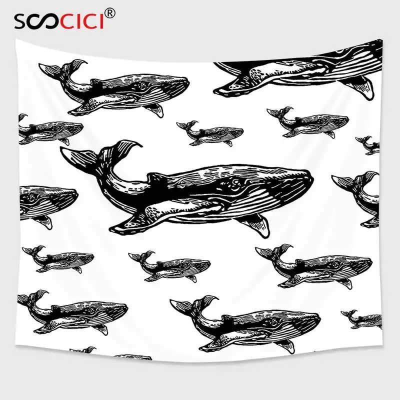 

Cutom Tapestry Wall Hanging,Whale Decor Hand Drawn Artistic Striped Blur Swimming Schoal of Huge Whales Artwork Black and White