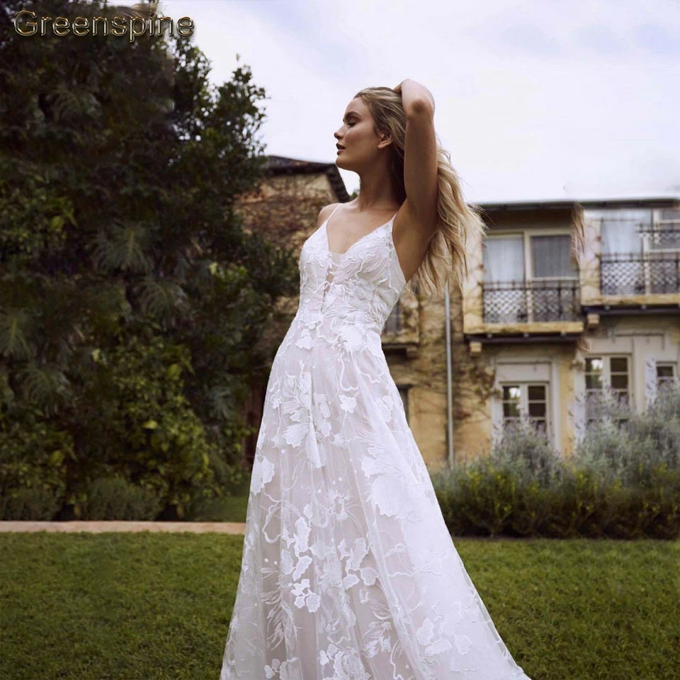 Greenspine Vintage Lace Wedding Dress A Line 2019 Simple Bridal Dresses Spaghetti Straps Open Back Vestido De Novia Wedding Gown Greenspine Vintage Lace Wedding Dress A Line 2019 Simple Bridal Dresses Spaghetti Straps Open Back Vestido De Novia Wedding Gown
