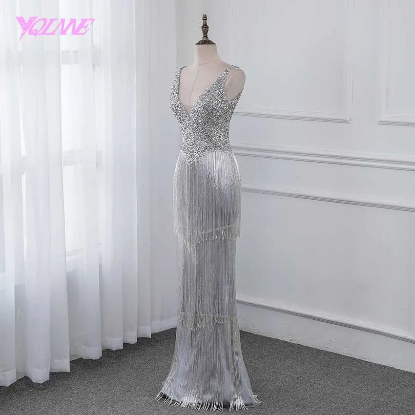 Online YQLNNE Neue 2019 Luxus Abendkleid Pageant Kleider V ausschnitt Perlen Quaste Mode Abendkleid Wettbewerb Kleid Backless