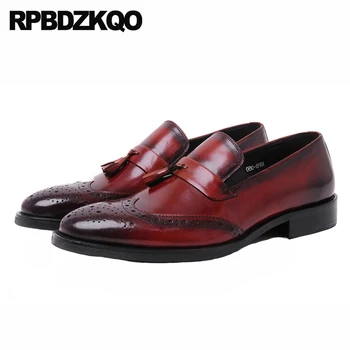 

Wingtip Italy Loafers Italian Brogue Pointed Toe High Quality Real Leather Tassel Handmade Burgundy Prom Genuine Men Dress Shoes