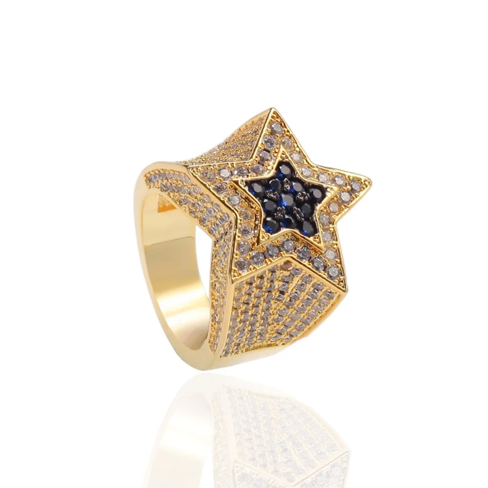 Хип хоп AAA кубический цирконий Iced Out кольцо со звездами Bling Pentagram CZ кольца для мужчин и женщин модные ювелирные изделия золото серебро Прямая