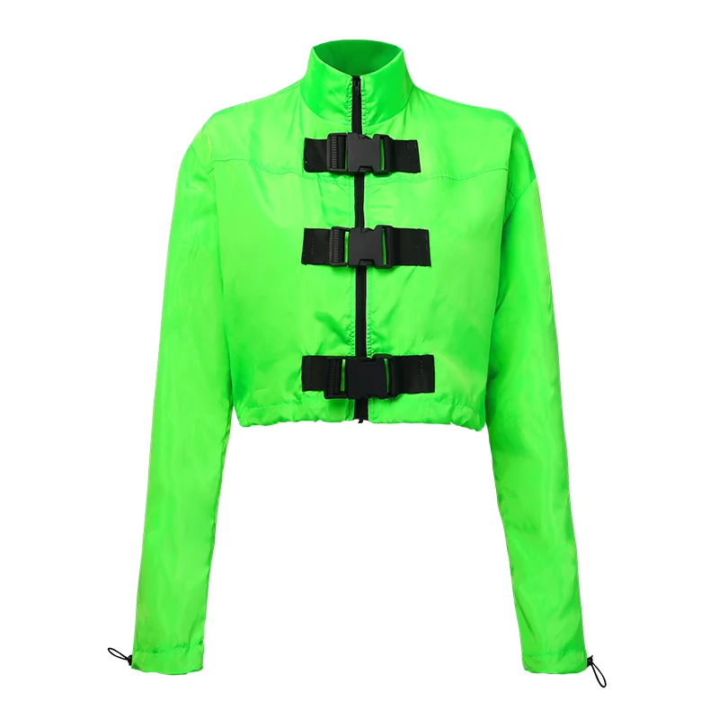 Very best  InstaHot Green High Street Buckle Jacket Cropped Top Zip Up Pocket Stand Collar Bomber Jacket Autum