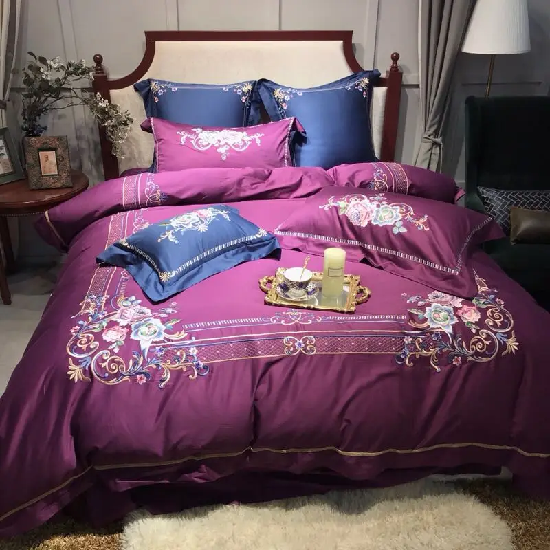 Purple Royal Court Style Embroidery Long Staple Cotton King Queen Size