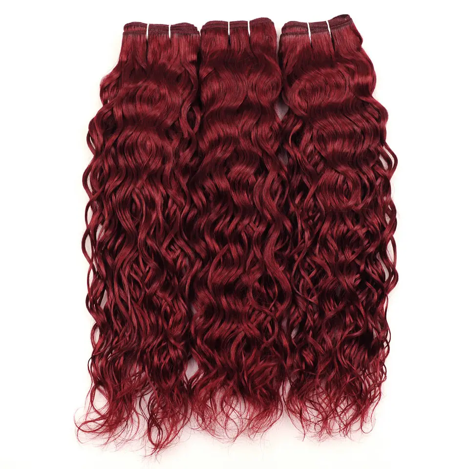 Bold Red Indian Water Wave Human Hair 3 Bundles With Lace Closure Pinshair Hair Non Remy Burgundy 99J Wet Wavy Hair Pre-Colored (1)