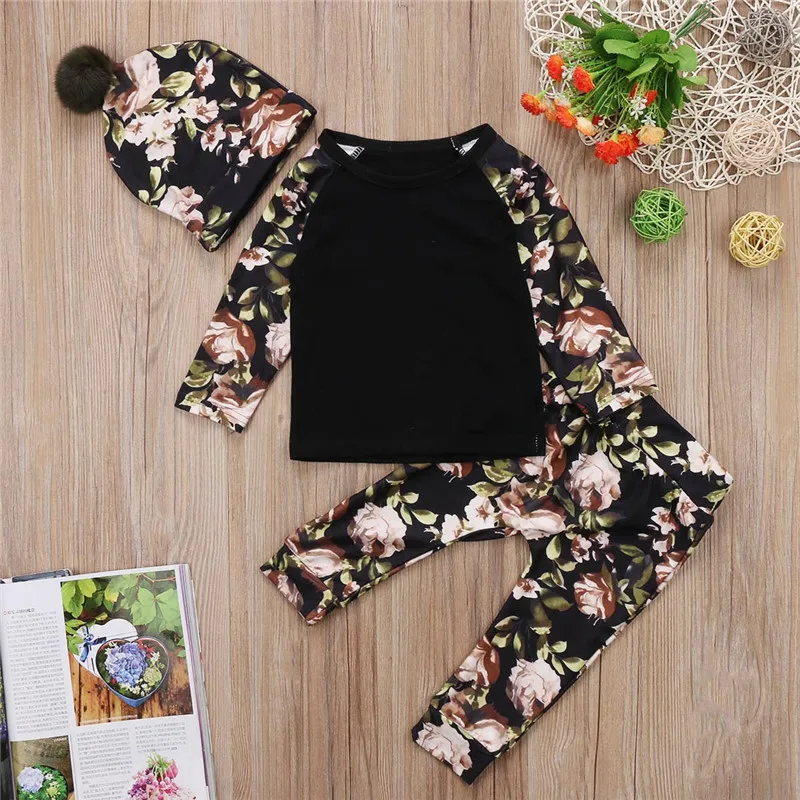 

Newborn Baby Girls Floral Clothes Set Autumn Long Sleeve Black Tops T Shirts Pants Hat Girls Clothing Cotton Cute Outfits 3PCS