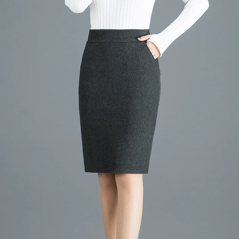 Осень и зима, тонкая шерстяная юбка-карандаш, женская сексуальная офисная юбка с карманами, высокая талия, эластичная мини-юбка размера плюс, серая черная юбка