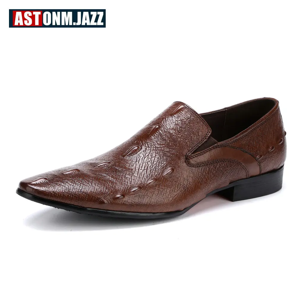 Genuine Leather Mens Slip On Dress Shoes Trendy Pointed Toe Alligator Crocodile Grain Oxfords Business Man Wedding Shoes