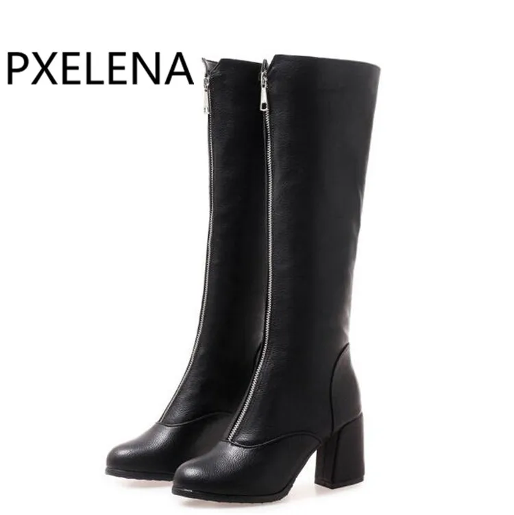 

PXELENA Design Front Zipper Riding Knee High Boots Women Punk Rock Gothic Motorycle Long Boots Chunky Block High Heels Shoes Hot