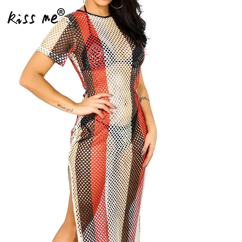 

Striped Hollow See Through Sexy Bikini Cover Up Fish Net Long Beach Dress Tunic Women Short Sleeve Sarong Beach Wear Wrap