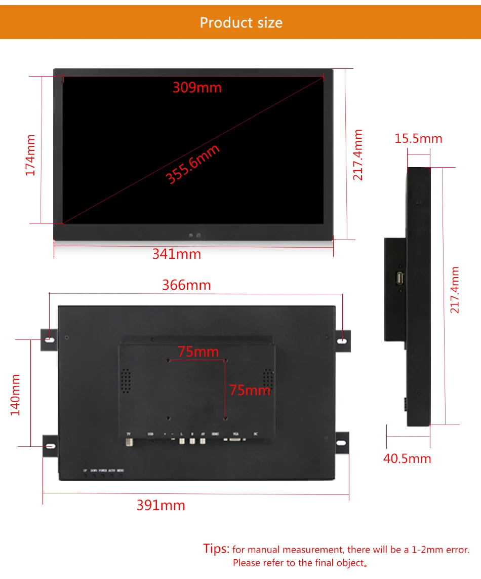 14 "VGA/Touch USB Интерфейс промышленных ЖК-Мониторы Черный Сопротивление Сенсорный экран из металла В виде ракушки 1600*900 вешалкой закреплены