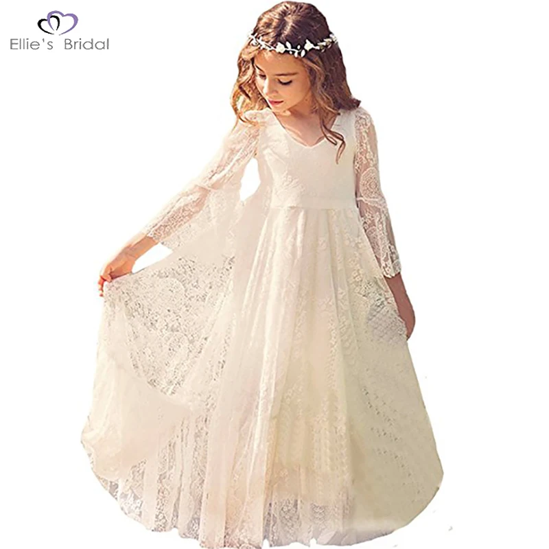 White Lace Dress Girls Flare Full Sleeve Girl Princess Dress Girl Wedding Dress Fancy Party Pageant Formal Dress