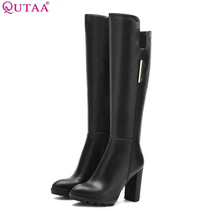 

QUTAA 2018 Women Knee High Boots Pu Leather Square High Heel Pointed Toe Fashion Zipper Design Women Motorcycle Boots Size 34-39
