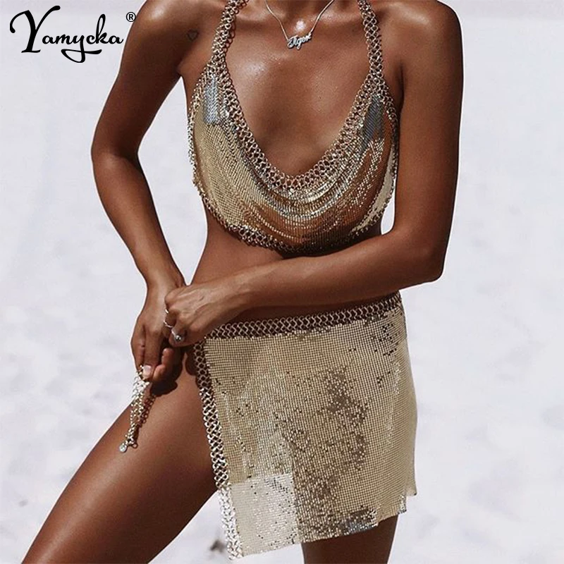  Sexy Metal body chain Summer dress women Bling Bralette Bustier Glitter crystal vestido Luxury nigh