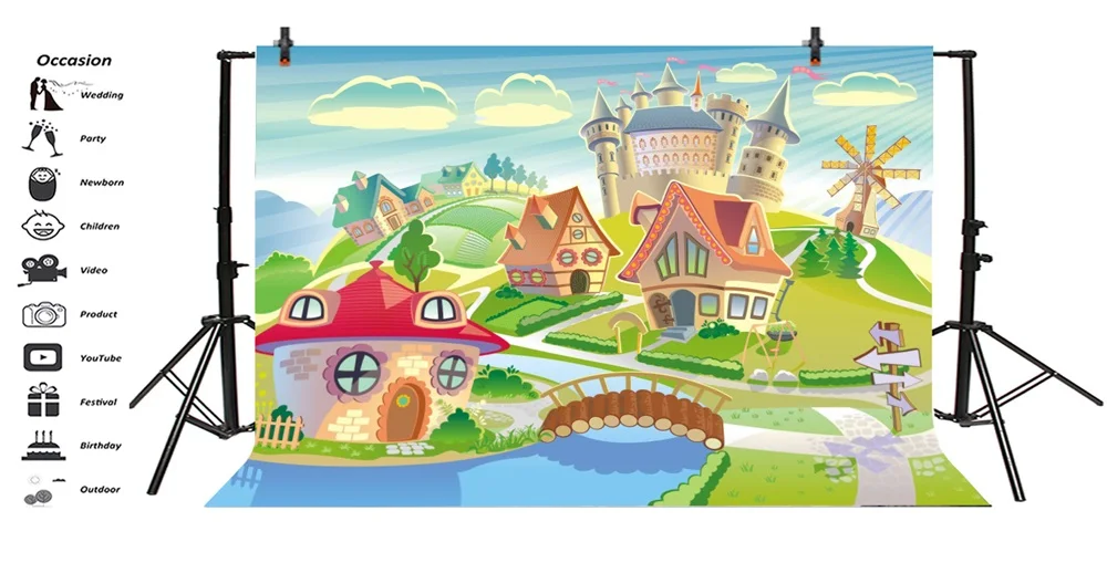 Laeacco Baby Party Cartoon Village Castle River Field Photography Backgrounds Customized Photographic Backdrops For Photo Studio