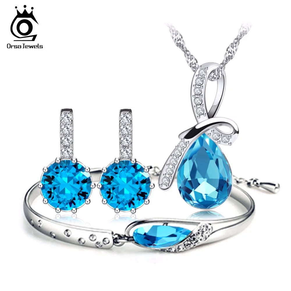 

ORSA JEWELS Top Quality Blue Austria Crystal Jewelry Set Silver Color Fashion Ladies Jewelry Set OS44