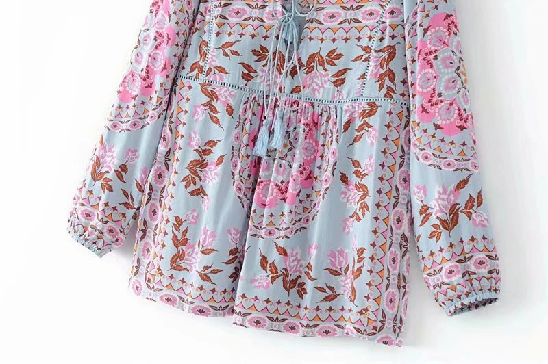 Винтажные шикарные модные женские богемные цветочные принты с v-образным вырезом на шнуровке Boho блузка Рубашки с длинным рукавом женские элегантные блузы