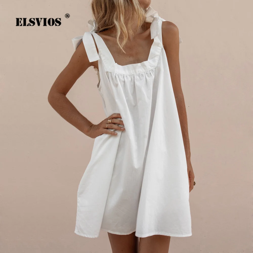 

ELSVIOS Sexy Spaghetti Strap Backless Women Dress Elegant Off Shoulder Lace-Up Beach Summer Dress Sleeveless Loose Mini Sundress