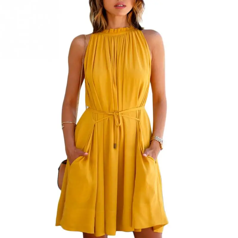 Summer Style Pleated Dress Women Girls Sleeveless Solid Color Lace up Casual Pleated Dress