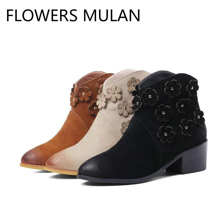 Frau Braun Seite Schwarz Chunky Runde Schuhe Beige Wildleder Stiefeletten Booties orange Damen Ferse Blumen Perle Für Frauen Zipper Beige Winter schwarzes Kappe 578w7rqT