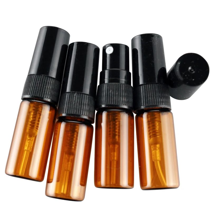

100Pieces/Lot 3ML Portable Brown Glass Perfume Bottles Plastic Atomizer Portable Contenitori Cosmetic Vial For Essential Oil