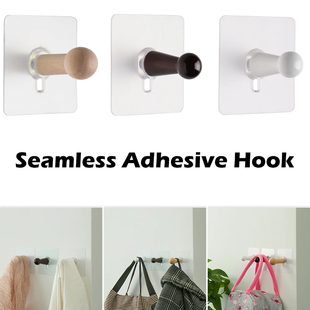 

2Pcs/set Transparent Seamless Adhesive Wooden Hook No Drills Wall Mounted Clothes Hooks Strong Sticking Hanger