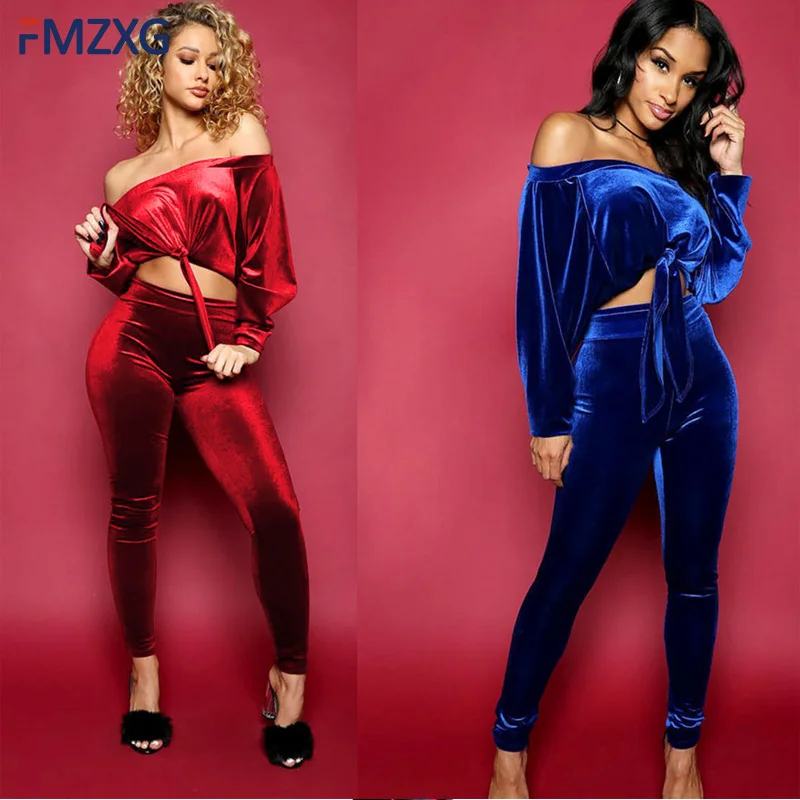 

2018 Spring Winter Royal Off Shoulder Velvet 2 Piece Set Suit Sexy Red Bow Jumpsuit Lace Up Crop Top +Long Pants Bodycon Rompers