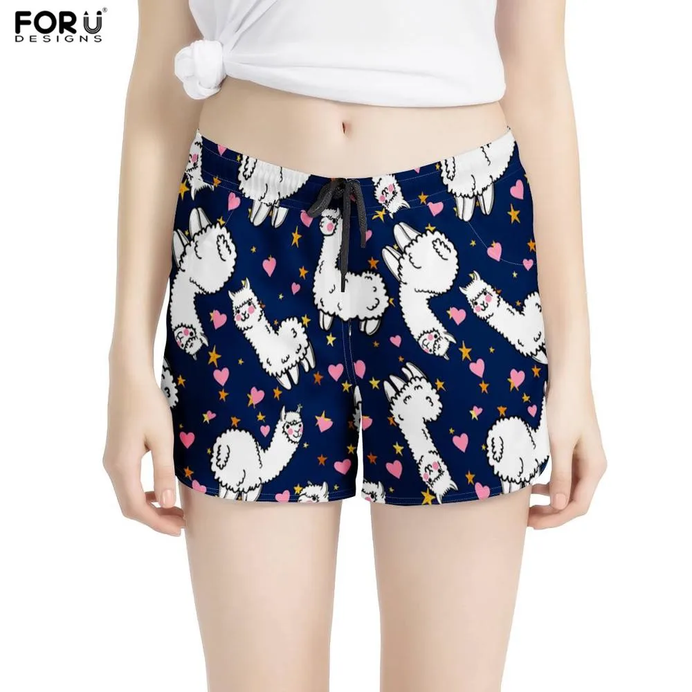 

FORUDESIGNS Women Shorts With2 Pockets Kawaii Animals Llama Print Quick Dry Girls Beach Board Shortpants Breathable Lady Bottoms