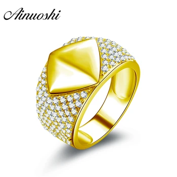 

AINUOSHI Real Gold Flat Ring 14K Solid Yellow Gold Sona Diamond Micro Pave Setting Wide Band Engagement Wedding Jewelry Men Ring