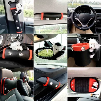 

Car Interior Accessores For Women Leather with Crystal Rhinestone Steering Wheel Cover Black Red Mirror Shifter Seat Decoration