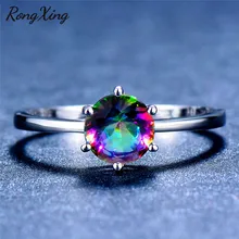Rongxing mystic fire rainbow birthstone anéis para mulher prata cor jóias multicolorido zircon seis garra anel redondo