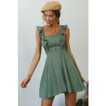 

Square Collar Linen Dress Women High Waist Ruffle Dresses Elegant Vogue Nice Short A Line Dress Cute White Vestido De Festa