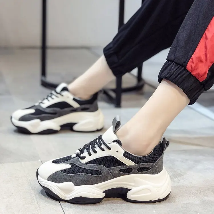 

2019 Autumn New Women Black White Casual Shoes Mesh Breathable Platform Woman Chunky Sneakers Ladies Tenis Trainers Chaussure
