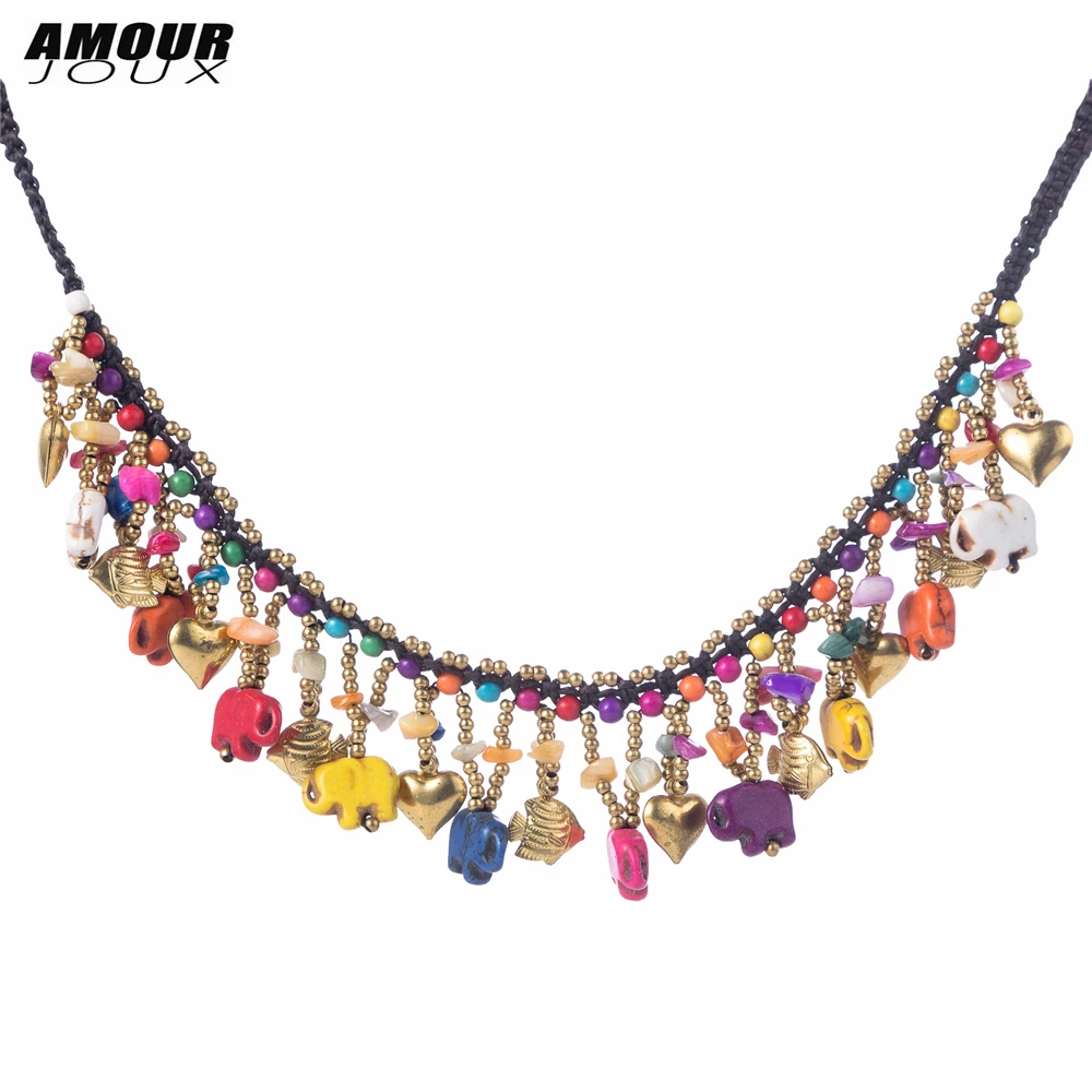 

Colorful Boho Handmade Elephant Shaped Stone Charm Choker Statement Necklaces For Women Female Bohemian Jewelry