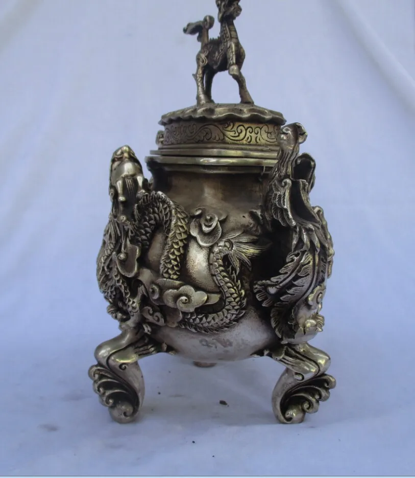 

Rare old antique tibet silver carved Big Dragon phoenix and Beast incense burner /metal censer