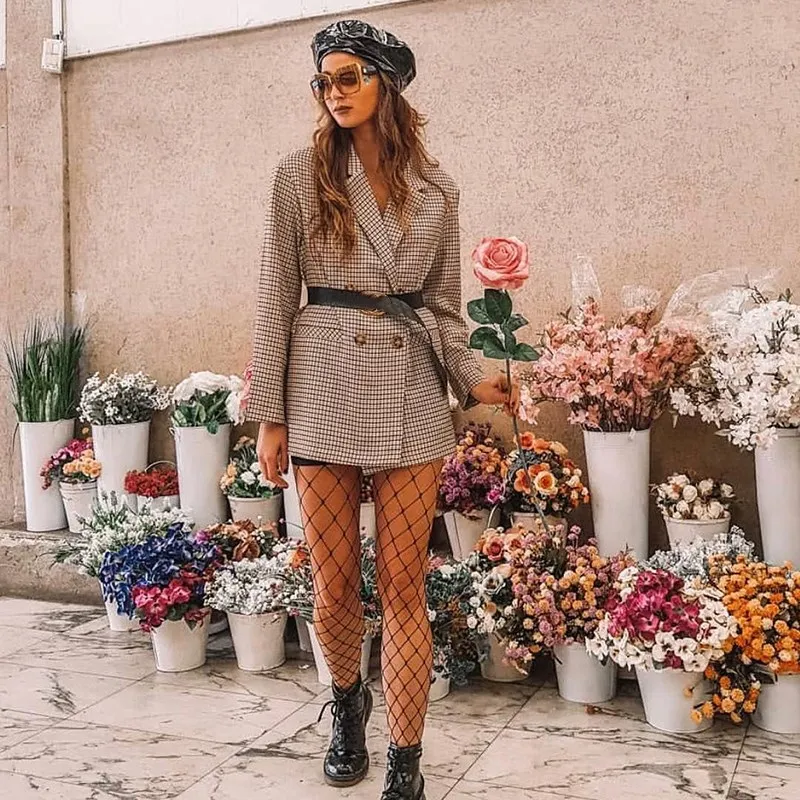 

2019 Fashion Women Plaid Blazer Casual Long Sleeve Coat Turn Down Collar Blazer