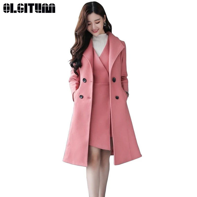 

OLGITUM New 2018 Autumn and Winter Women Woolen Dress Long Sleeve Strap Suit Two-piece Long Vest+Long Coat Sets Female