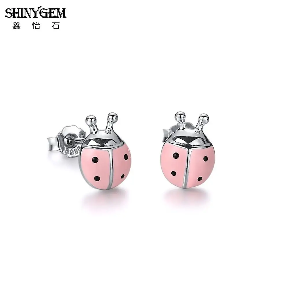 Серьги в виде божьей коровки из чистого серебра ShinyGem, модные 925 пробы серебряные серьги-гвоздики, милые розовые/красные серьги в виде божьей коровки - Окраска металла: Pink